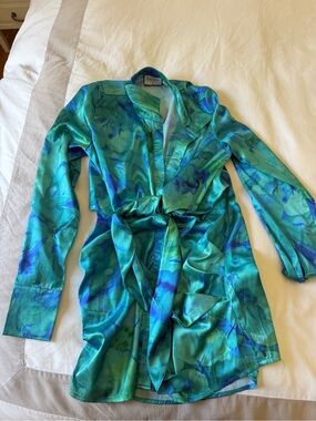 RNWY Green Blue Floral Satin Wrap Shirt